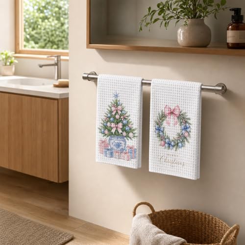 Zewepri Chinoiserie Christmas Kitchen Towels Set of 2 - Pink Bow, 16 x 24 inches (Variation: Pink Bow Christmas Tree)