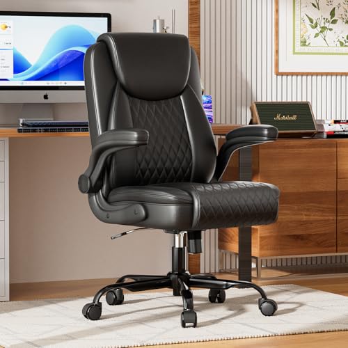 Ergonomic PU Leather Office Chair with Flip-Up Arms, 300lbs Capacity