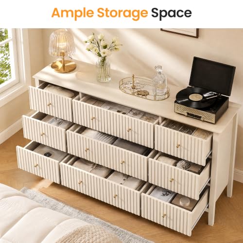 59-Inch Fluted 9-Drawer Dresser, Modern Beige Wooden Storage Cabinet