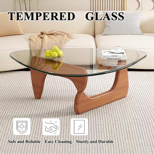 Modern Tempered Glass Coffee Table with Solid Wood Base, Small Walnut Table