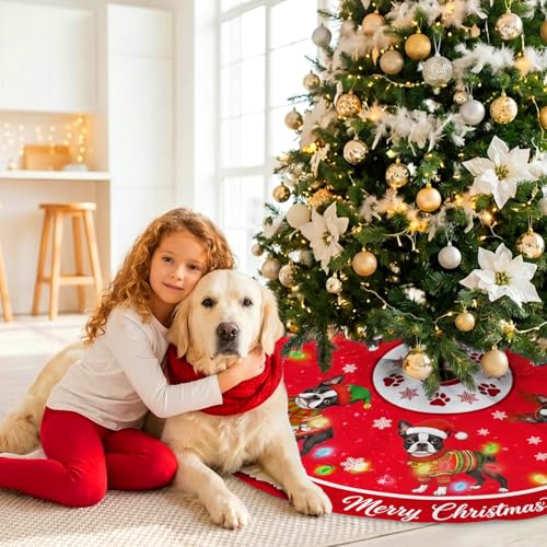 Boston Terrier Christmas Tree Skirt 48 Inch Holiday Decor for Indoor & Outdoor