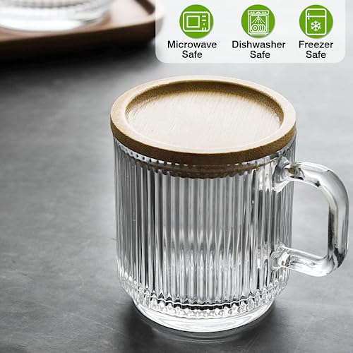 Mfacoy 2 Pack Glass Coffee Mugs with Handle & Spoon, 12 Oz Clear Drinkware Set with Bamboo Lids for Hot & Cold Beverages