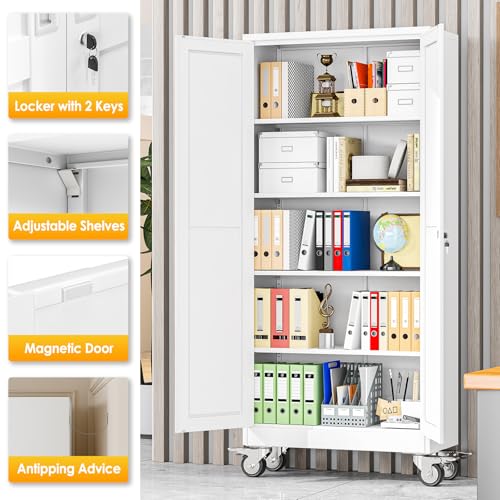 71-Inch Tall Metal Storage Cabinet with Wheels and Adjustable Shelves, White