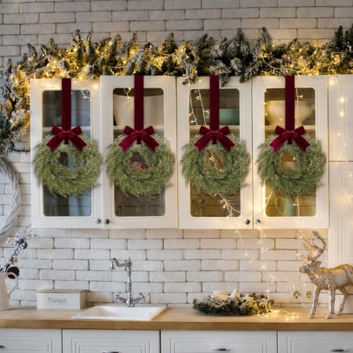 Suncalla 6-Pack 9-Inch Christmas Wreaths with Red Ribbon - Holiday Decor