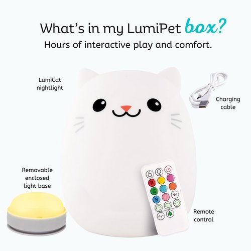 Lumipets Clive The Cat Squishy Silicone Night Light for Kids | Cute Night Light with Remote & Touch Control for Baby & Toddler Bedrooms | Color Changing Portable Animal Nightlight | Kids Mood Lamp