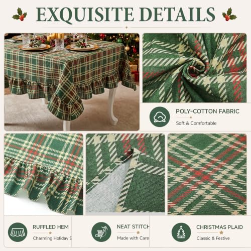 Green Christmas Plaid Ruffled Tablecloth 52x70 Inch for Holiday Dining - Mindsoft