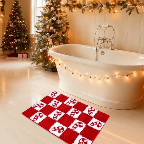 Christmas Rug Bath Mat with Candy Cane Checkered Design, Non-Slip 19.7 x 31.5 Inches