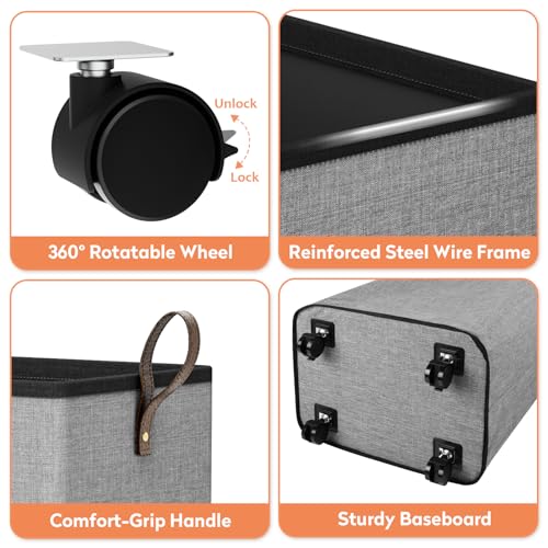 SpaceTrove Rolling Laundry Basket 80L Grey Collapsible Hamper with Wheels