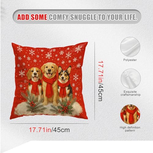 IVN Christmas Dog Trio Pillow Covers 18x18 Inch Set of 2 - Retrievers Holiday Decor