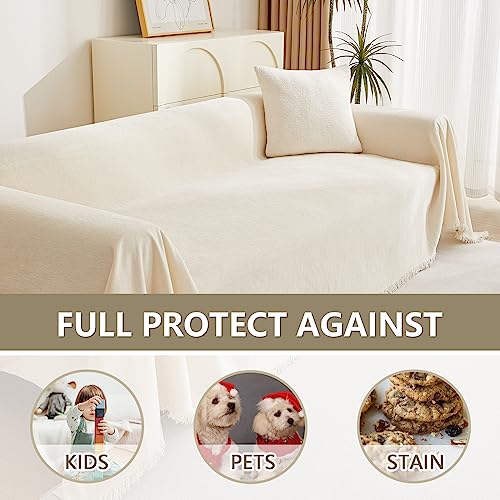 Beige Chenille Couch Cover - Pet-Friendly Sofa Throw (71" x 118")