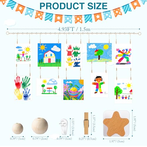 Kids Artwork Display Wall Hanging with 40 Wood Clips & Boho Beaded Garland