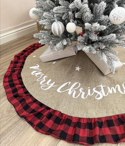 48-Inch Christmas Tree Skirt - Linen Burlap with Red Buffalo Plaid Border