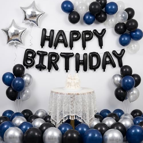 TONIFUL 16 Inch Black Happy Birthday Foil Letter Balloon Banner Decorations