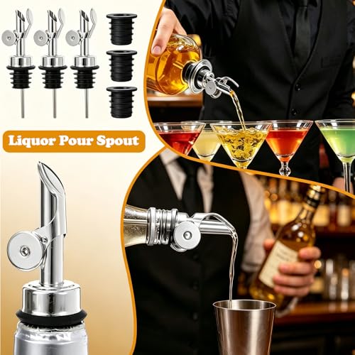 Silver 3 Pack Oil & Liquor Pour Spouts with Adapters, Auto Flip, Leak-Proof