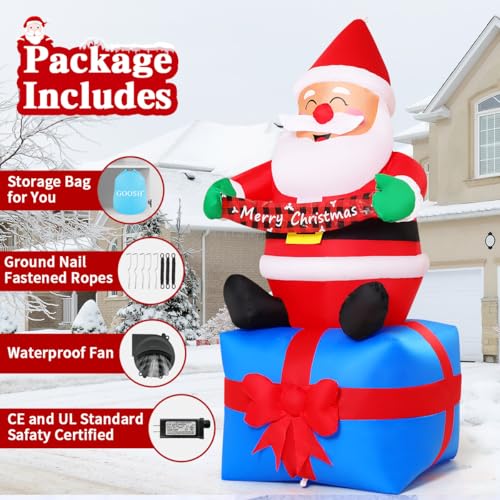 GOOSH 6 ft Christmas Santa Inflatable with LED Lights – Seated Santa on Gift Box with Banner