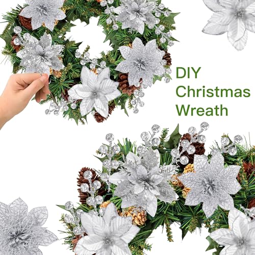 Sggvecsy Silver Christmas Glitter Poinsettia Flowers & Berry Picks, Artificial Holiday Decoration Set