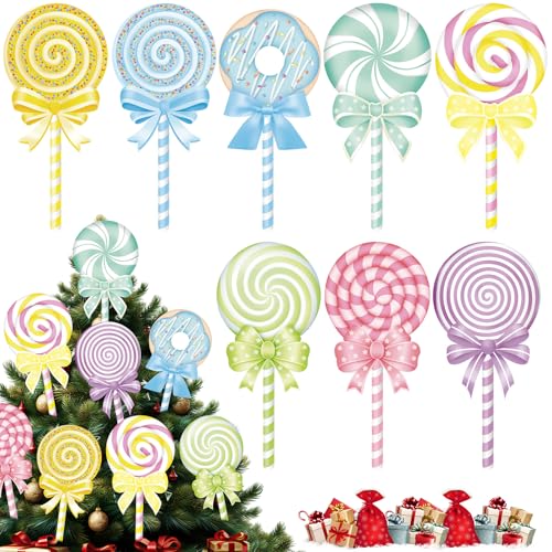 8Pcs Christmas Candyland Candy Cane Ornaments - Large Peppermint Lollipop Tree Picks