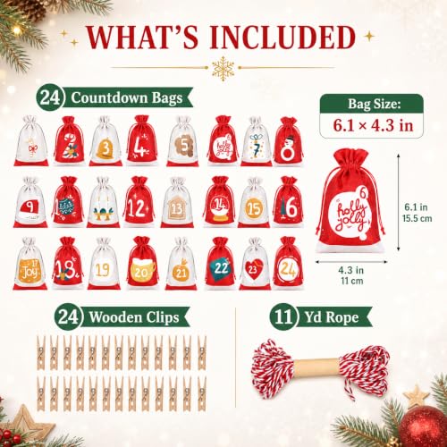 GWHOLE 24-Piece Christmas Advent Calendar Bags with Wooden Clips & Rope