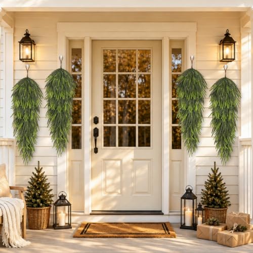 SpringTalk 35-inch Large Christmas Teardrop Swags, 4 Pack - Deep Green Norfolk Pine Holiday Decor