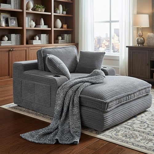 67" Oversized Faux Fur Chaise Lounge Chair with Cup Holders and Storage