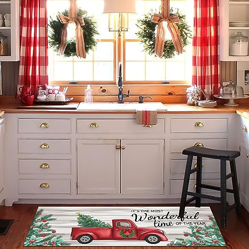 Christmas Kitchen Rugs Set - Non-Slip Holiday Gnome and Truck Floor Mats, 2-Piece