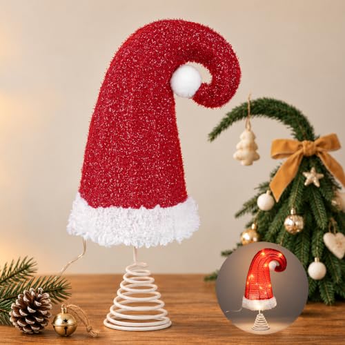 Okaerm Red 8-Inch Lighted Santa Hat Tree Topper with Spring Base - Christmas Ornament