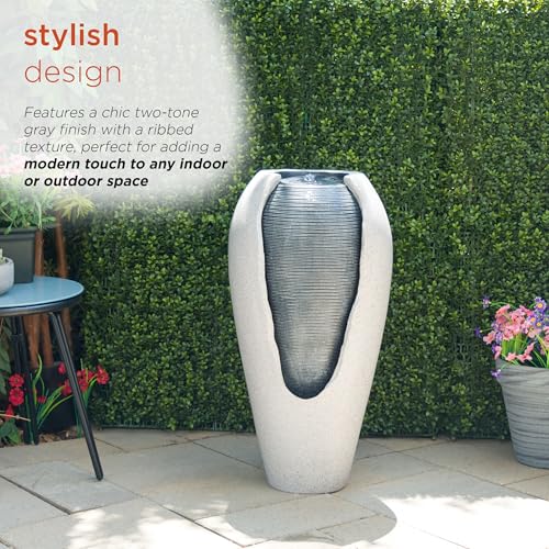 29-Inch Two-Tone Ribbed Jar Floor Fountain with LED Lights for Indoor/Outdoor