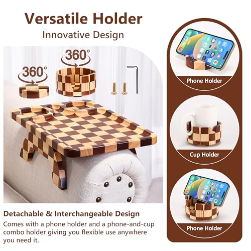 Checkered Rubber Wood Sofa Armrest Tray with Rotating Cup Holder & Phone Stand
