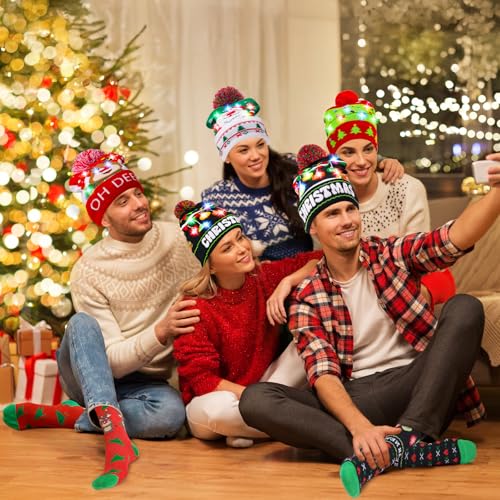 MGparty 8-Pack Christmas LED Beanie Hat and Socks Set