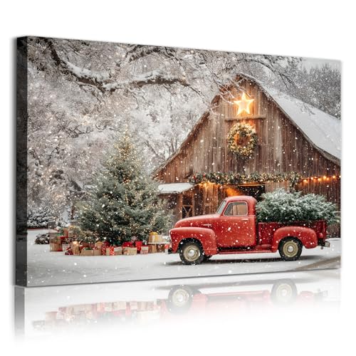 Tevenuktla Christmas Canvas Wall Art 16x24in Red Barn Winter Scene – Unframed