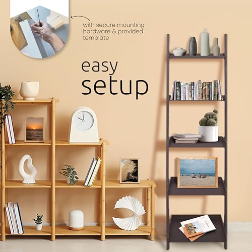 5-Tier Leaning Ladder Shelf, 18-Inch Wide Modern Wall Display, Matte Black