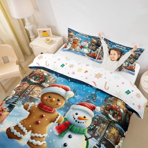 Manfei Gingerbread Man Duvet Cover Set Full Blue Brown, 80x90, 2 Pillowcases - Christmas Snowman Winter Theme