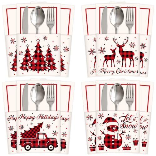 Harloon 36 Pcs Christmas Paper Silverware Holders Buffalo Plaid (Buffalo Check) 4 Designs