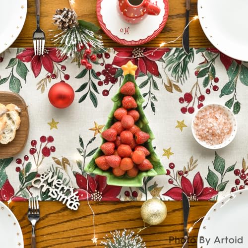 Artoid Mode 13x36 Inch Poinsettia Holly Leaves Christmas Table Runner