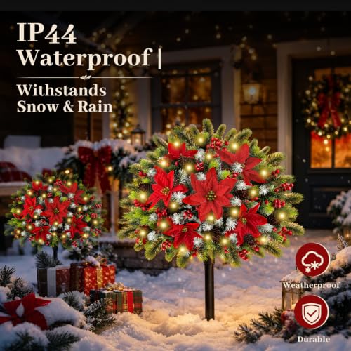 2 Pieces Christmas Urn Filler with Pre-Lit Artificial Poinsettia & Lights