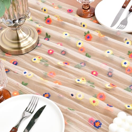 Embroidered Daisy Tulle Table Runner 10ft Floral Table Decor for Weddings
