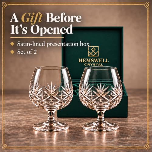 Hemswell Crystal Set of 2 Small Cognac Glasses - 8.5oz European Crystal Snifters for Whiskey & Brandy - Tapered Bowls, Hand Cut, Gift-Ready