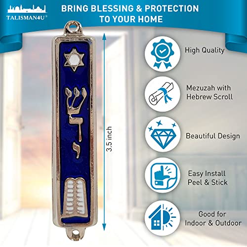 3.5 Inch Ten Commandments Mezuzah Case with Scroll - Blue Enamel Silver