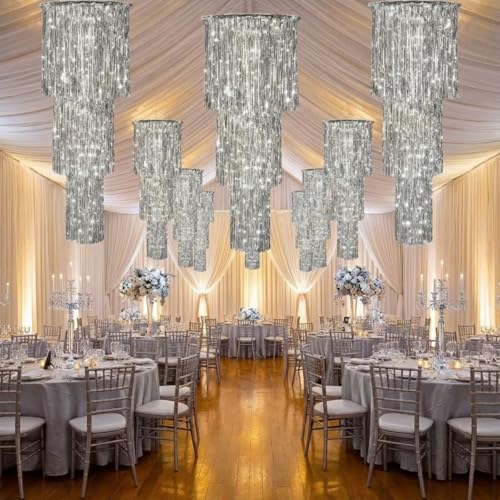 6-Pack 3-Tier Silver Metallic Tinsel Chandelier Hanging Decor, 4 Ft