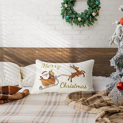 Lewondr Christmas Throw Pillow Cover, 1 PCS 12 x 20 Inch Cute Santa Claus Reindeer Sleigh Embroidery Throw Pillow Case Luxury Soft Pellet Velvet Lumbar Pillow Cover for Bed Home Decor Living Room