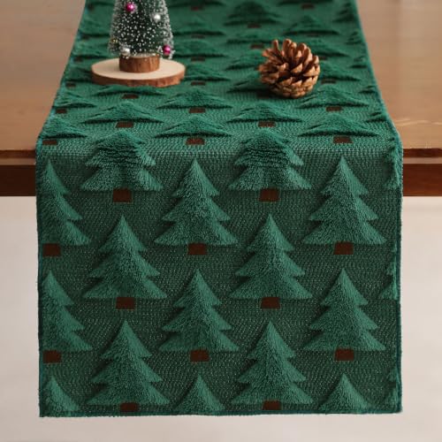 WKJZH Green Christmas Tree Table Runner 13x48 Inch Faux Plush Jacquard Seasonal Decor