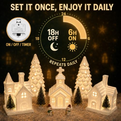 JesMolla 11-Piece White Ceramic Christmas Village Set with 6-Hour Timer, Battery-Operated Houses & Trees