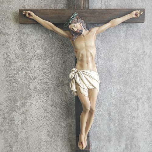 10-Inch Wall Crucifix, Handpainted Stone Resin Jesus Christ Wall Cross
