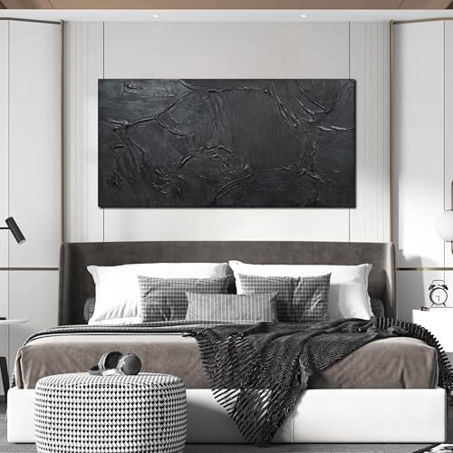 Large Black Abstract Hand-Painted Canvas Wall Art, 24" x 47" Textured Mural