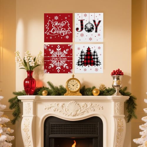 APJYM Red Buffalo Plaid Christmas Wall Art - Framed 11x14, Set of 4 (RESD19) Farmhouse Holiday Decor