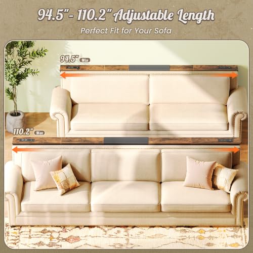 Extendable Narrow Sofa Console Table with Outlets & USB-C, Rustic Brown