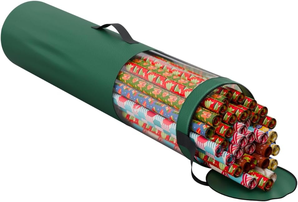 ProPik Gift Wrapping Paper Storage Organizer Bag - Heavy Duty 40 Inch, Holds 24 Rolls, Clear PVC with Zippered Top & Handles | Green