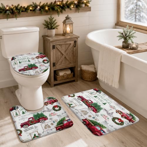 Christmas Red Truck Bathroom Set with Shower Curtain and Rugs - Holiday Decor, 72x72 (Variation: Christmas-6)