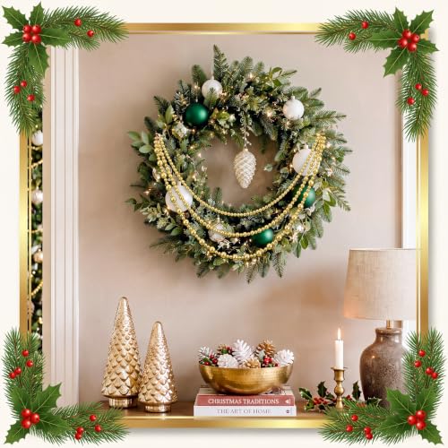 Gold Bead Garland with Hooks - 19.5 Inch Christmas Decorations - Classic Style