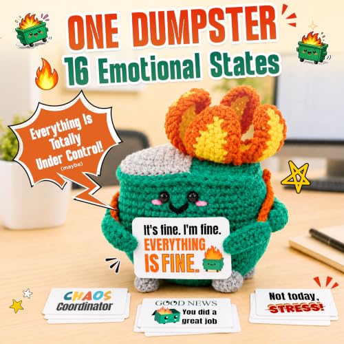 Handmade Crochet Dumpster Fire Desk Decor with 16 Funny Affirmation Cards